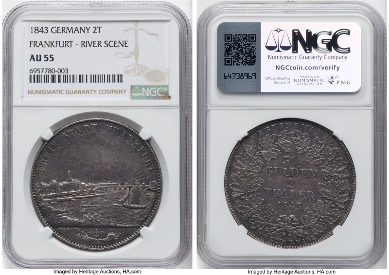 Frankfurt. Free City "City View" 2 Taler 1843 AU55 NGC, KM326, Dav-640. Quite at...