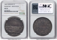 Frankfurt. Free City "City View" 2 Taler 1843 AU55 NGC, KM326, Dav-640. Quite attractive in hand, wrapped in stormy gray and blue patina that still gl...