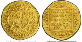 Frankfurt. Free City gold Ducat 1635 AE-(a) MS62 PCGS, KM85, Fr-972. 3.45gm. Shield of arms on an elaborately engraved mantle, graced by glittering go...
