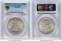Hamburg. Free City 3 Mark 1912-J MS66 PCGS, Hamburg mint, KM620, AKS-46, J-64. Untoned lustrous surfaces and virtually unimprovable. HID09801242017 © ...