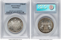 Hamburg. Free City 3 Mark 1914-J MS65 PCGS, Hamburg mint, KM620, AKS-46, J-64. Last date of type. Revealing frosted white surfaces with contrasting or...