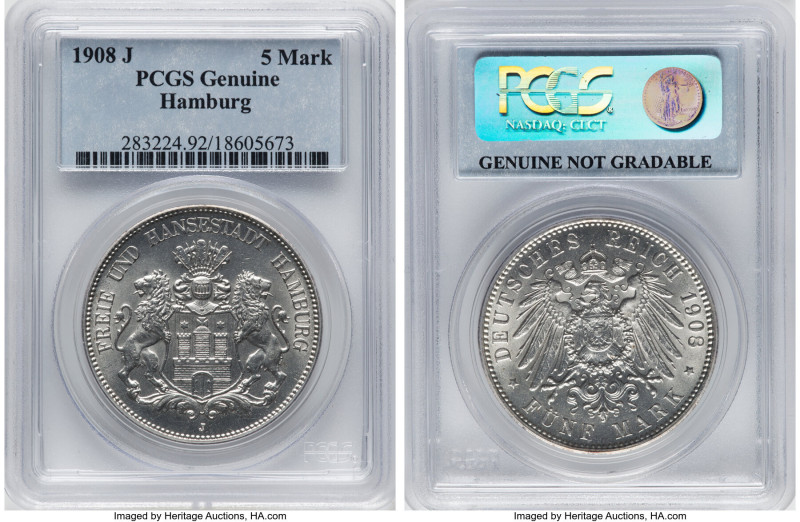 Hamburg. Free City 5 Mark 1908-J Genuine PCGS, Hamburg mint, KM610, AKS-45, J-65...