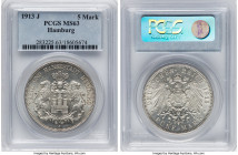 Hamburg. Free City 5 Mark 1913-J MS63 PCGS, Hamburg mint, KM610, J-65, AKS-45. Whirling mint luster with satin surfaces and minimal tan toning. HID098...