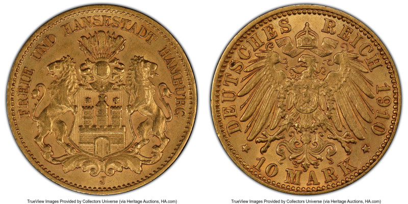 Hamburg. Free City gold 10 Mark 1910-J UNC Details (Cleaned) PCGS, Hamburg mint,...