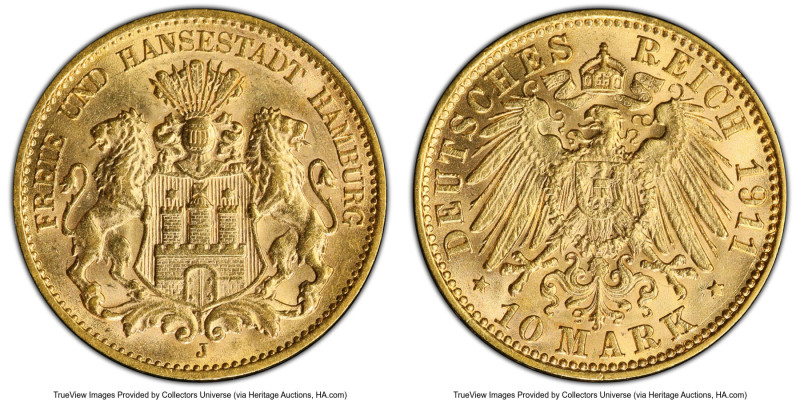 Hamburg. Free City gold 10 Mark 1911-J MS64 PCGS, Hamburg mint, KM608, J-211. HI...