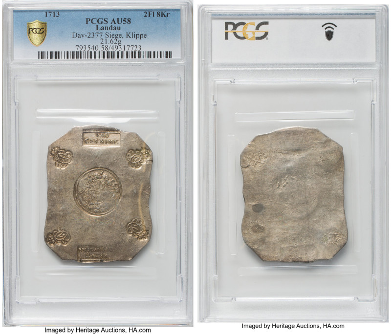 Landau. Free City Siege Klippe 2 Florin 8 Kreuzer 1713 AU58 PCGS, KM13, Dav-2377...