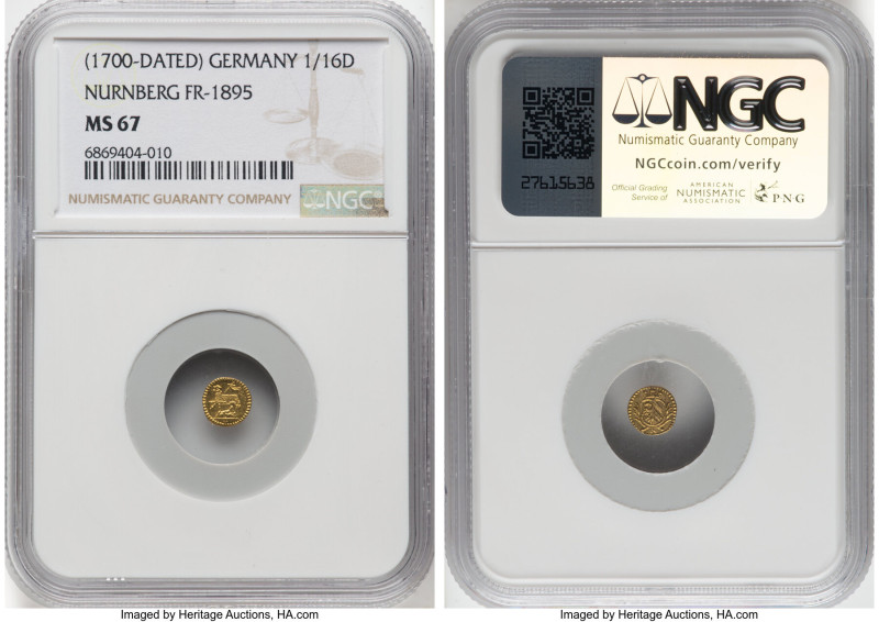 Nürnberg. Free City gold 1/16 Ducat ND (1700) MS67 NGC, KM246, Fr-1895. Tied for...