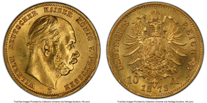 Prussia. Wilhelm I gold 10 Mark 1873-B MS63 PCGS, Breslau mint, KM502. Highest g...