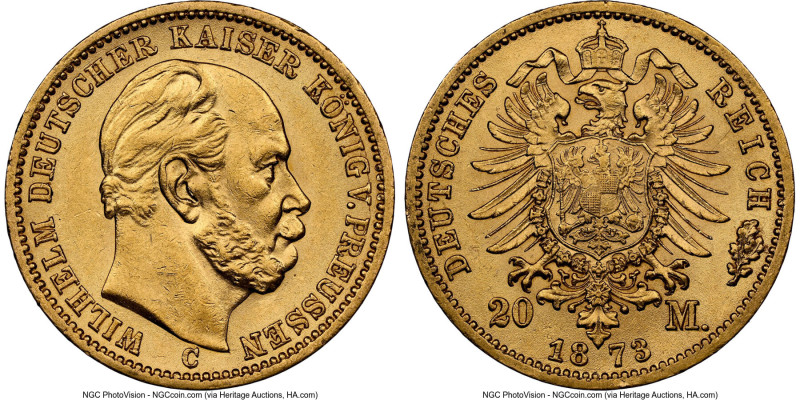 Prussia. Wilhelm I gold 20 Mark 1873-C AU58 NGC, Frankfurt mint, KM501, J-243. H...