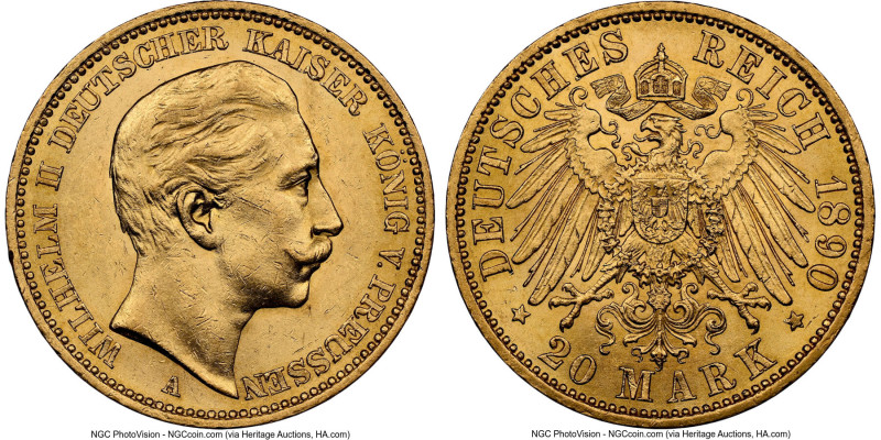 Prussia. Wilhelm II gold 20 Mark 1890-A MS61 NGC, Berlin mint, KM521, J-252, Fr-...