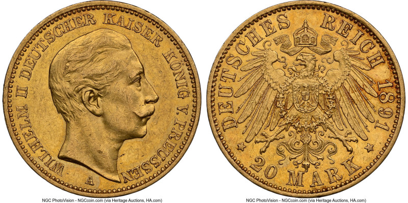 Prussia. Wilhelm II gold 20 Mark 1891-A MS61 NGC, Berlin mint, KM521. HID0980124...