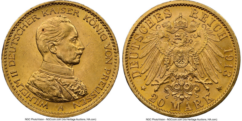 Prussia. Wilhelm II gold 20 Mark 1913-A MS63 NGC, Berlin mint, KM537, J-253. HID...