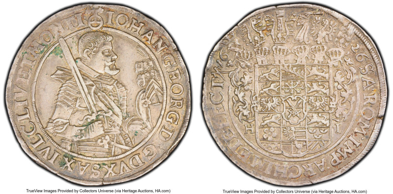 Saxony. Johann Georg I Taler 1626-HI AU Details (Environmental Damage) PCGS, Dre...