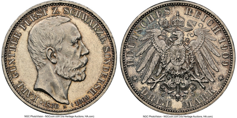 Schwarzburg-Sondershausen. Karl Günther 3 Mark 1909-A MS62 NGC, Berlin mint, KM1...