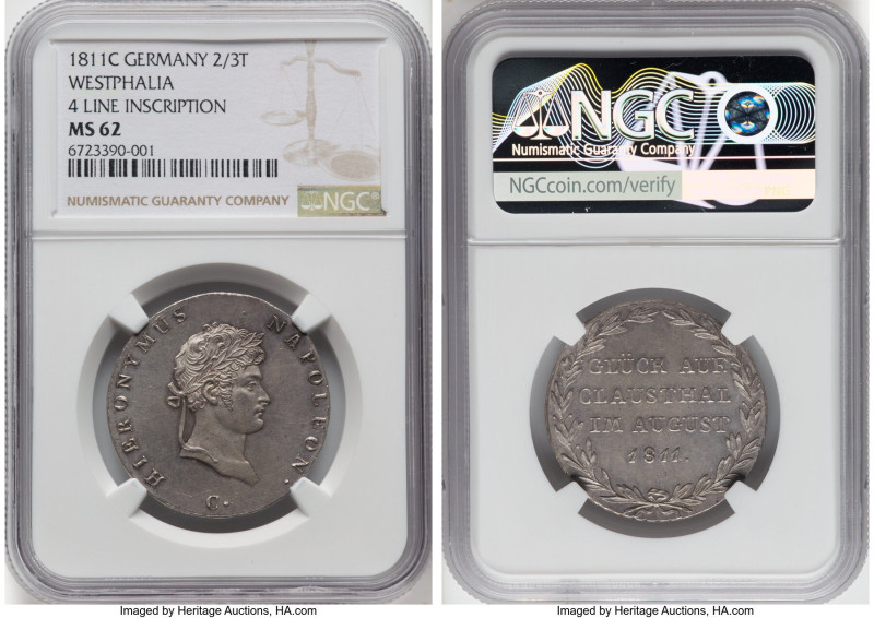 Westphalia. Hieronymus Napoleon 2/3 Taler (Gulden) 1811-C MS62 NGC, Cassel mint,...