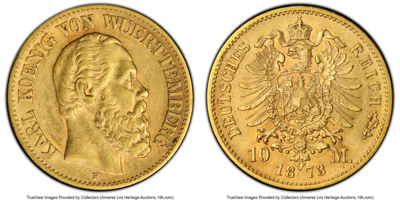 Württemberg. Karl I gold 10 Mark 1873-F AU55 PCGS, Freudenstadt mint, KM621, J-2...