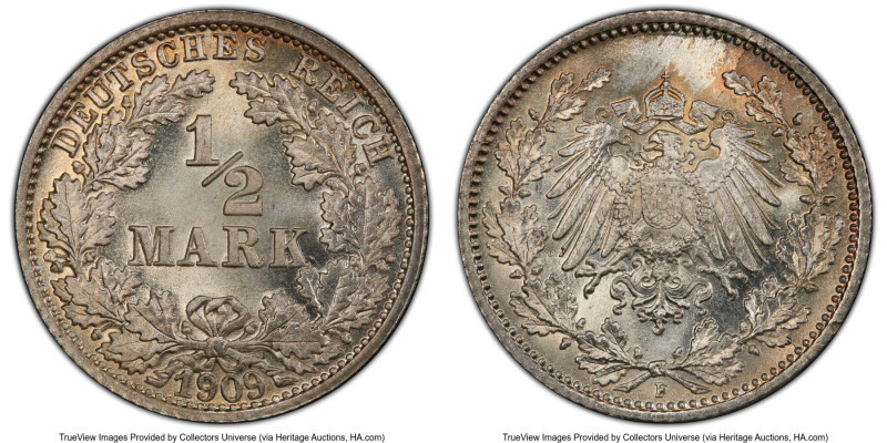 Wilhelm II 1/2 Mark 1909-F MS67 PCGS, Stuttgart mint, KM17, J-16. HID09801242017...