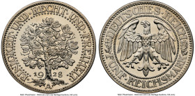 Weimar Republic Proof "Oak Tree" 5 Mark 1928-A PR63 Cameo NGC, Berlin mint, KM56. A popular Proof strike with this recognizable Oak Tree motif, touche...