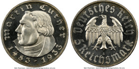 Third Reich Proof "Martin Luther" 5 Mark 1933-A PR66 Cameo NGC, Berlin mint, KM80, J-353. 450th Anniversary of the Birth of Martin Luther. Deep mirror...