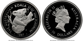 Elizabeth II platinum Proof "Koala" 50 Dollars (1/2 oz) 1997 PR70 Ultra Cameo NGC, KM347. Mintage: 250. Accompanied by original case of issue. HID0980...