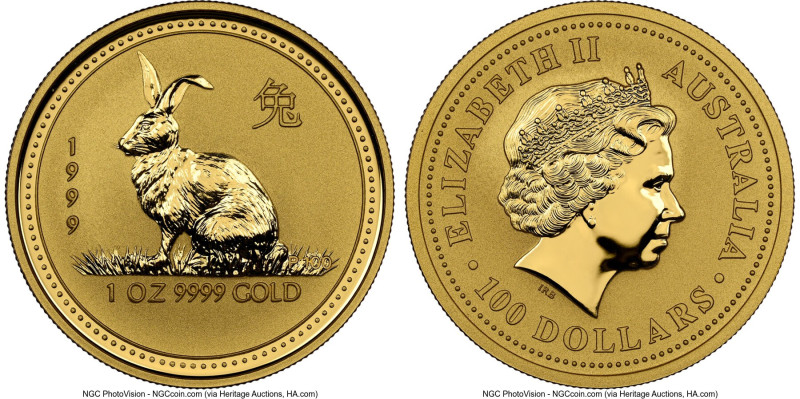 Elizabeth II gold "Year of the Rabbit" 100 Dollars (1 oz) 1999 MS70 NGC, Perth m...