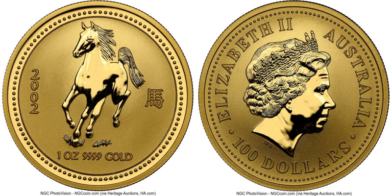 Elizabeth II gold "Year of the Horse" 100 Dollars (1 oz) 2002 MS70 NGC, Perth mi...
