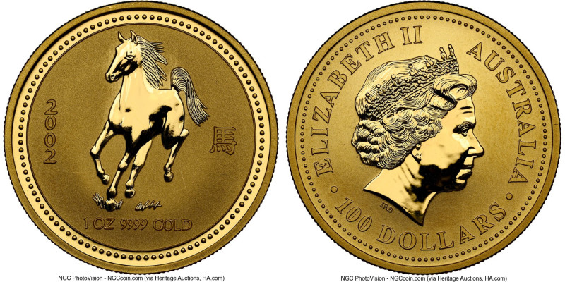 Elizabeth II gold "Year of the Horse" 100 Dollars (1 oz) 2002 MS68 NGC, Perth mi...