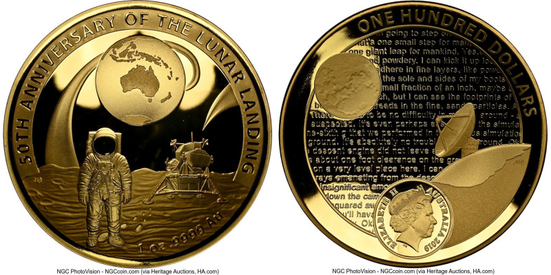 Elizabeth II gold Proof Domed "Lunar Landing - 50th Anniversary" 100 Dollars (1 ...