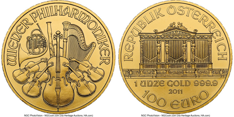 Republic gold "Vienna Philharmonic" 100 Euro 2011 MS69 NGC, Vienna mint, KM3095....