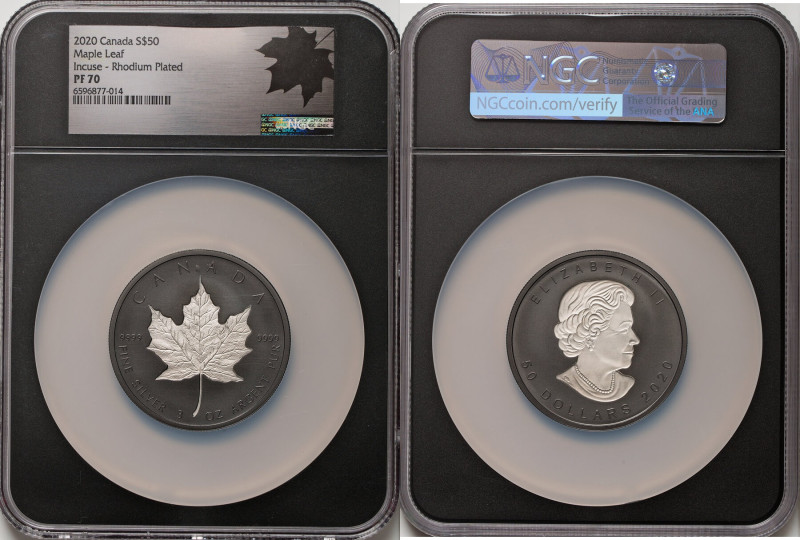 Elizabeth II rhodium-plated silver Incuse Proof "Maple Leaf" 50 Dollars (3 oz) 2...