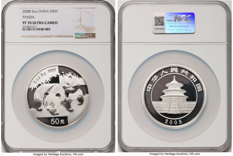 People's Republic silver Proof "Panda" 50 Yuan (5 oz) 2008 PR70 Ultra Cameo NGC,...