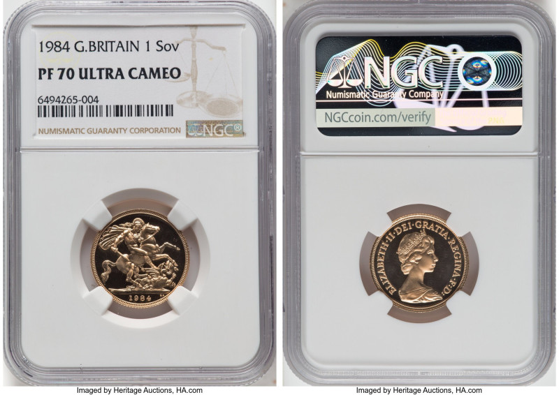 Elizabeth II gold Proof Sovereign 1984 PR70 Ultra Cameo NGC, KM919. HID098012420...