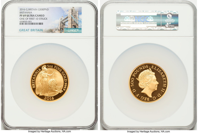 Elizabeth II gold Proof "Britannia" 500 Pounds (5 oz) 2016 PR69 Ultra Cameo NGC,...