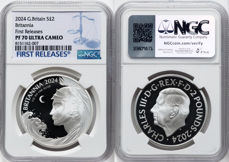 Charles III silver Proof "Britannia" 2 Pounds (1 oz) 2024 PR70 Ultra Cameo NGC, ...