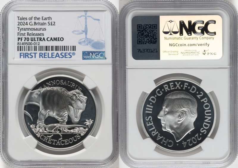 Charles III silver Proof "Tyrannosaurus" 2 Pounds (1 oz) 2024 PR70 Ultra Cameo N...