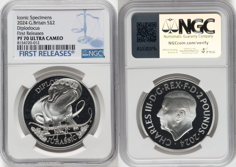 Charles III silver Proof "Diplodocus" 2 Pounds (1 oz) 2024 PR70 Ultra Cameo NGC,...