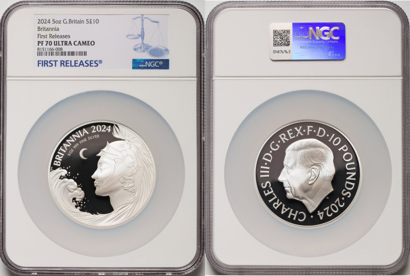 Charles III silver Proof "Britannia" 10 Pounds (5 oz) 2024 PR70 Ultra Cameo NGC,...