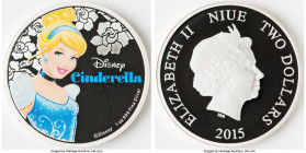 Elizabeth II silver Colorized Proof "Cinderella" 2 Dollars (1 oz) 2015 UNC, New Zealand mint. Limited Edition Mintage: 10,000. Disney Characters serie...