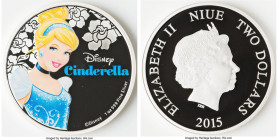 Elizabeth II silver Colorized Proof "Cinderella" 2 Dollars (1 oz) 2015 UNC, New Zealand mint. Limited Edition Mintage: 10,000. Disney Characters serie...