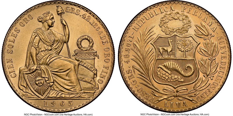 Republic gold "Seated Liberty" 100 Soles 1965 MS66 NGC, Lima mint, KM231. HID098...