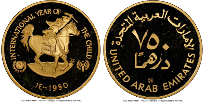 Sheikhdom gold "Year of the Child" Proof 750 Dirhams AH 1400 (1980) PR67 Ultra C...