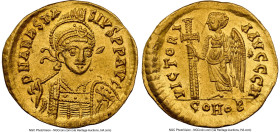Anastasius I (AD 491-518). AV solidus (21mm, 4.47 gm, 7h). NGC AU 5/5 - 3/5, light graffito. Constantinople, 10th officina, ca. AD 491-498. D N ANASTA...