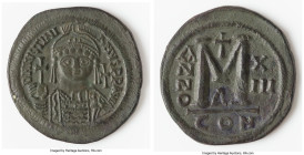 Justinian I the Great (AD 527-565). AE follis or 40 nummi (41mm, 21.52 gm, 6h). VF, altered surfaces. Constantinople, 4rd officina, Regnal Year 13 (AD...