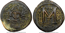 Justinian I the Great (AD 527-565). AE follis or 40 nummi (36mm, 19.84 gm, 5h). NGC XF 5/5 - 2/5, bent. Antioch, 2nd officina, Regnal Year 27 (AD 533/...