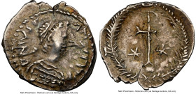 Justinian I the Great (AD 527-565). AR 1/2 siliqua (14mm, 5h). NGC Choice VF, die shift, graffito, scratch. Ravenna, ca. AD 552-565. DN IVST-IANVS PP,...