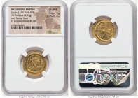 Justin II (AD 565-578). AV solidus (21mm, 4.53 gm, 7h). NGC Choice MS 5/5 - 4/5. Constantinople, 3rd officina, AD 565-578. D N I-VSTI-NVS PP AVI, pear...