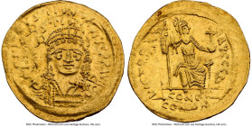 Justin II (AD 565-578). AV solidus (21mm, 4.56 gm, 6h). NGC MS 3/5 - 4/5, die shift. Constantinople, 4th officina, AD 565-578. D N I-VSTI-NVS PP AVI, ...