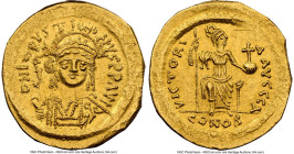 Justin II (AD 565-578). AV solidus (21mm, 4.30 gm, 7h). NGC Choice AU 5/5 - 2/5, graffito. Constantinople, 1st officina, AD 565-578. D N I-VSTI-NVS PP...