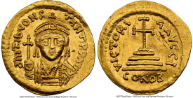Tiberius II Constantine (AD 578-582). AV solidus (21mm, 4.46 gm, 5h). NGC MS 3/5 - 2/5, edge bend, brushed, overstruck. Constantinople, 2nd officina, ...