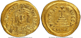 Tiberius II Constantine (AD 578-582). AV solidus (22mm, 6h). NGC AU, edge bend, double-struck, clipped. Constantinople, 4th officina, AD 579-582. d m ...